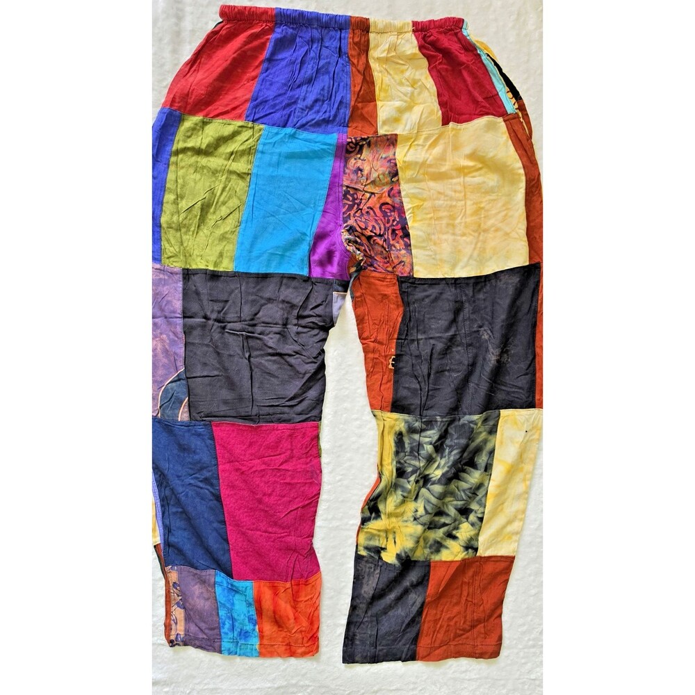 VTG Patchwork Pants Boho Hippie Festival Wide Leg Baggy Colorful Cotton XL NWOT